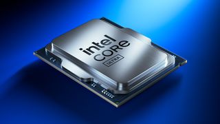 Render of an Intel Core Ultra 200S Series processor on a blue background.