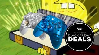 Spongbob holding open a treasure chest revealing the Blue and Ghost Cipher Xbox controllers